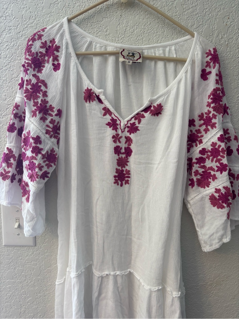 White Boho Embroidered Flutter-Sleeve Top with Magenta Floral Accents